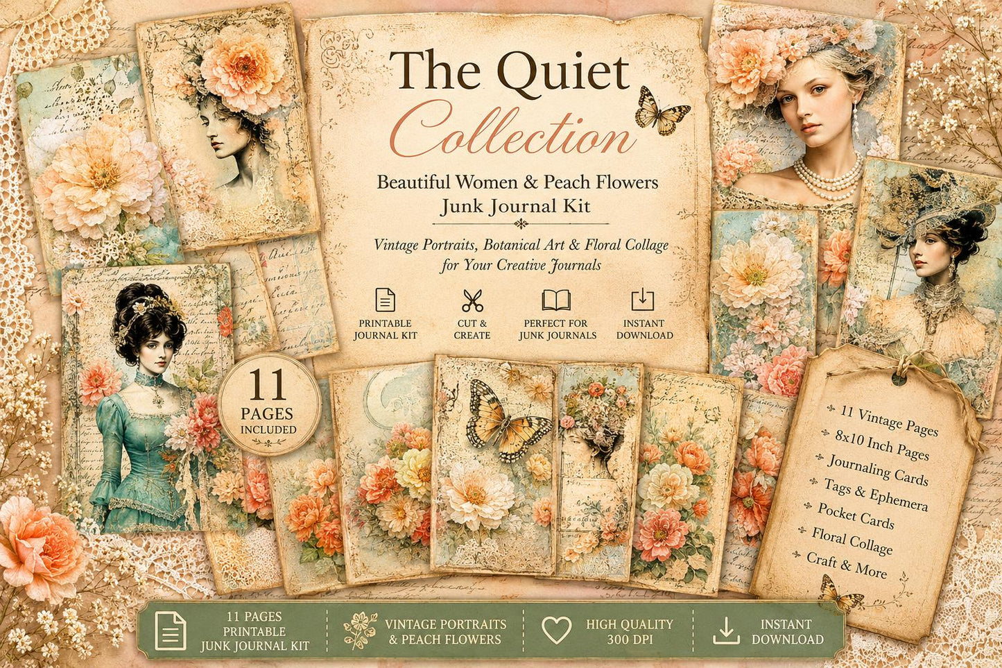 Whispering Garden – The Quiet Collection | Peach Floral Ephemera, Soft Peach Floral Junk Journal Kit, Printable Collage Papers