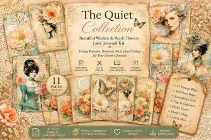 Whispering Garden – The Quiet Collection | Peach Floral Ephemera, Soft Peach Floral Junk Journal Kit, Printable Collage Papers
