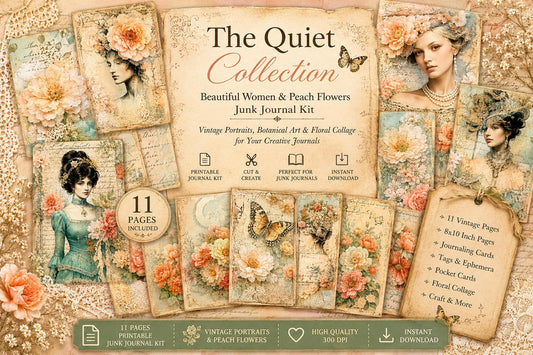 Whispering Garden – The Quiet Collection | Peach Floral Ephemera, Soft Peach Floral Junk Journal Kit, Printable Collage Papers
