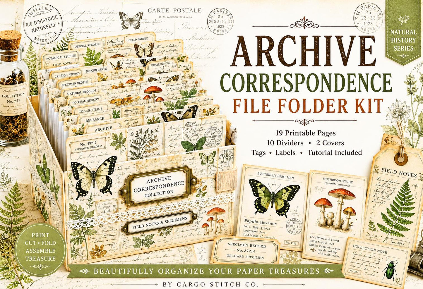 Archive Correspondence Accordion File Folder Kit | Printable File Folder Organizer | Vintage Natural History Journal Ephemera | Digital