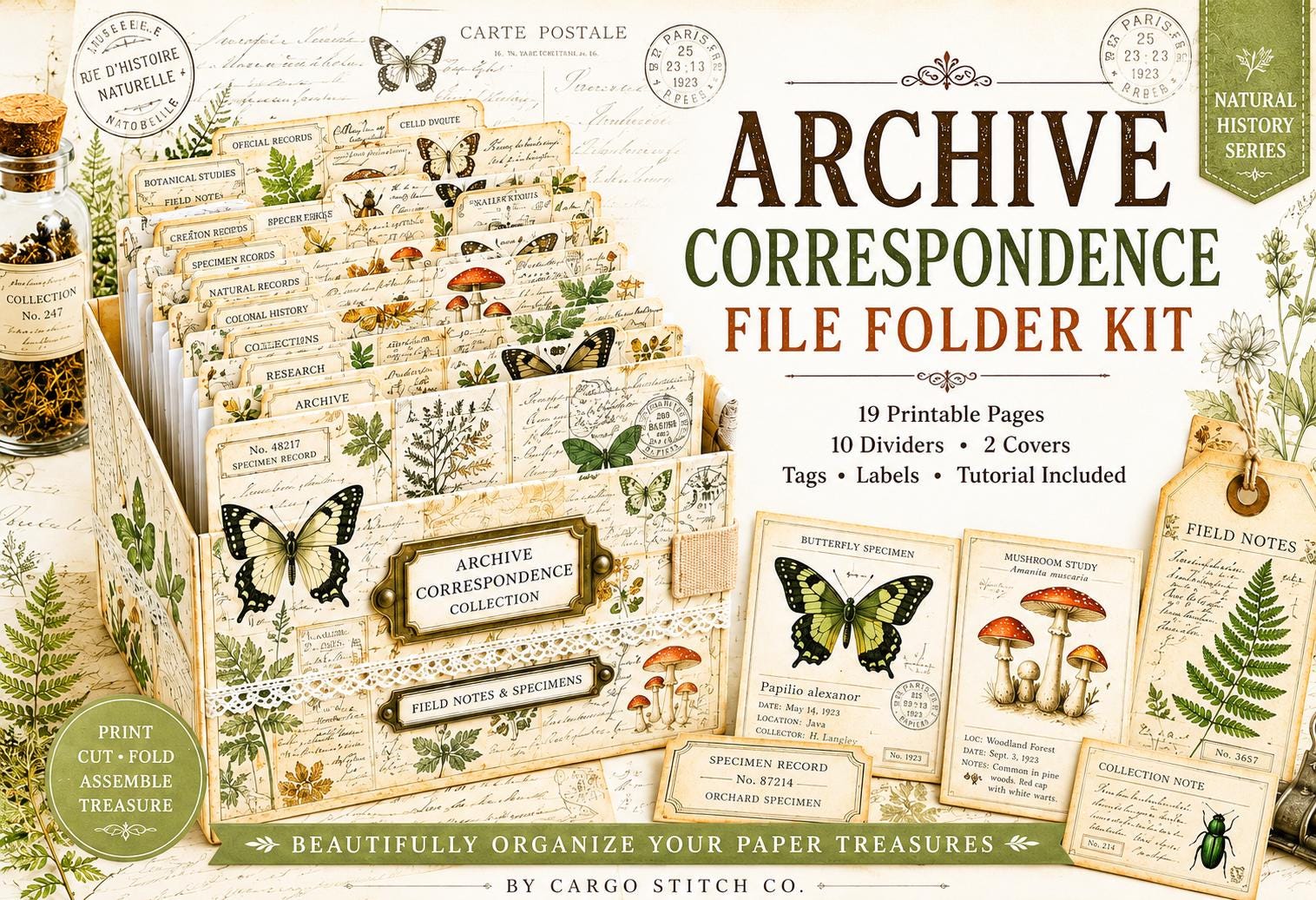Archive Correspondence Accordion File Folder Kit | Printable File Folder Organizer | Vintage Natural History Journal Ephemera | Digital