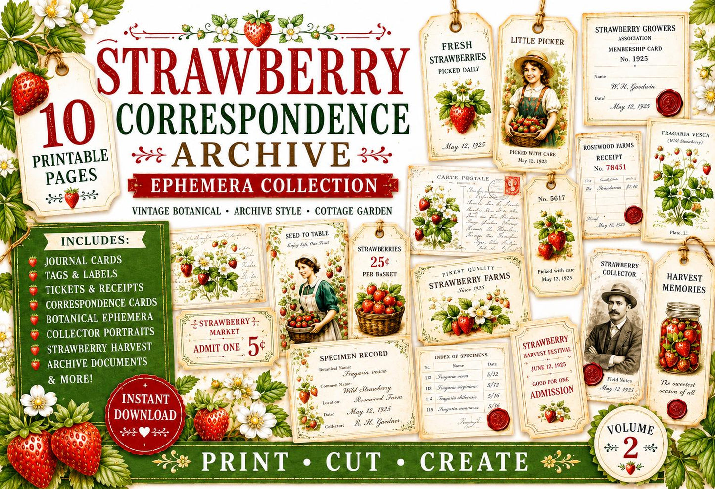 Strawberry Correspondence Archive Ephemera Collection 10 Printable Pages Vintage Strawberry Journal Cards, Labels, Tags, Junk Journal Kit