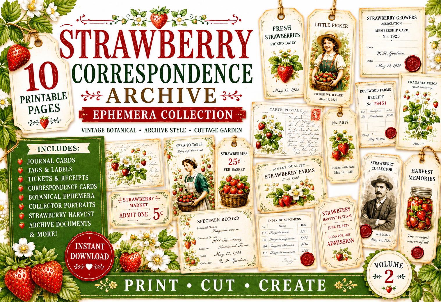 Strawberry Correspondence Archive Ephemera Collection 10 Printable Pages Vintage Strawberry Journal Cards, Labels, Tags, Junk Journal Kit