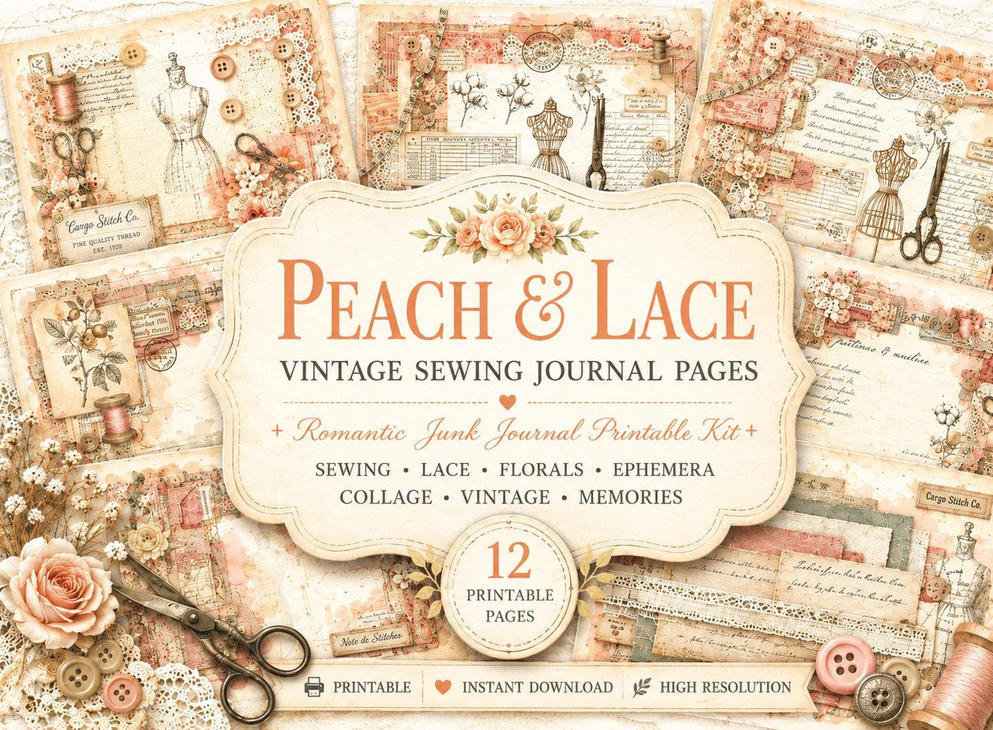 Peach & Lace Vintage Sewing Journal Pages | Romantic Junk Journal Printable Kit | Soft Botanical Collage Papers | Shabby Chic Ephemera Pages