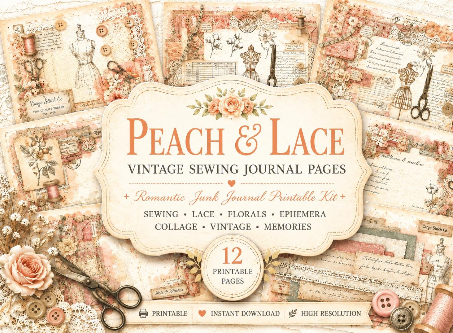 Peach & Lace Vintage Sewing Journal Pages | Romantic Junk Journal Printable Kit | Soft Botanical Collage Papers | Shabby Chic Ephemera Pages