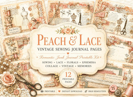 Peach & Lace Vintage Sewing Journal Pages | Romantic Junk Journal Printable Kit | Soft Botanical Collage Papers | Shabby Chic Ephemera Pages