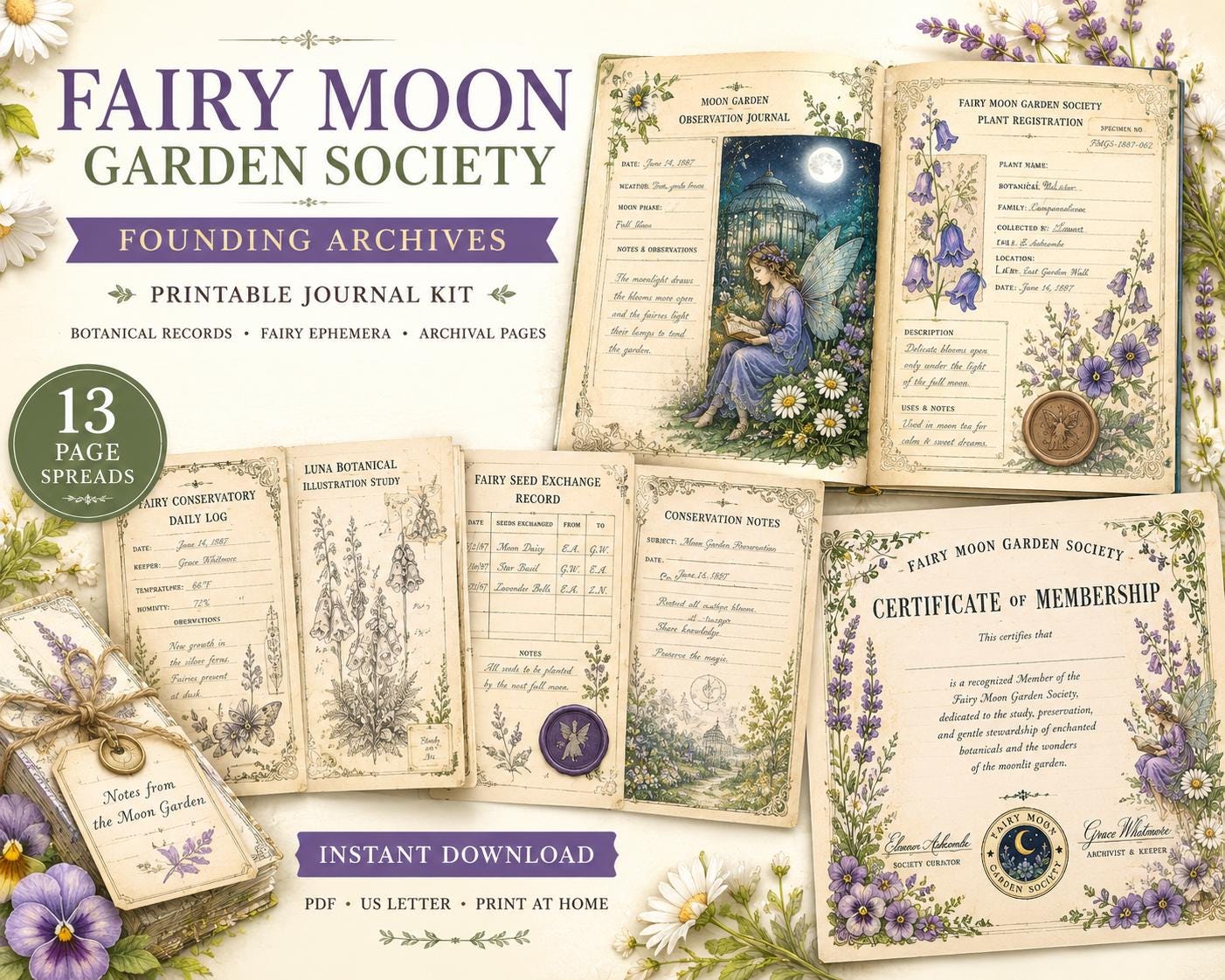 Fairy Moon Garden Society Founding Archives | Printable Junk Journal Kit | Botanical Fairy Journal Pages | Fantasy Ephemera PDF