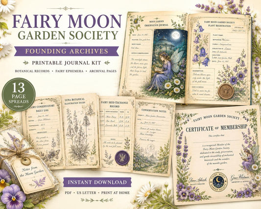 Fairy Moon Garden Society Founding Archives | Printable Junk Journal Kit | Botanical Fairy Journal Pages | Fantasy Ephemera PDF
