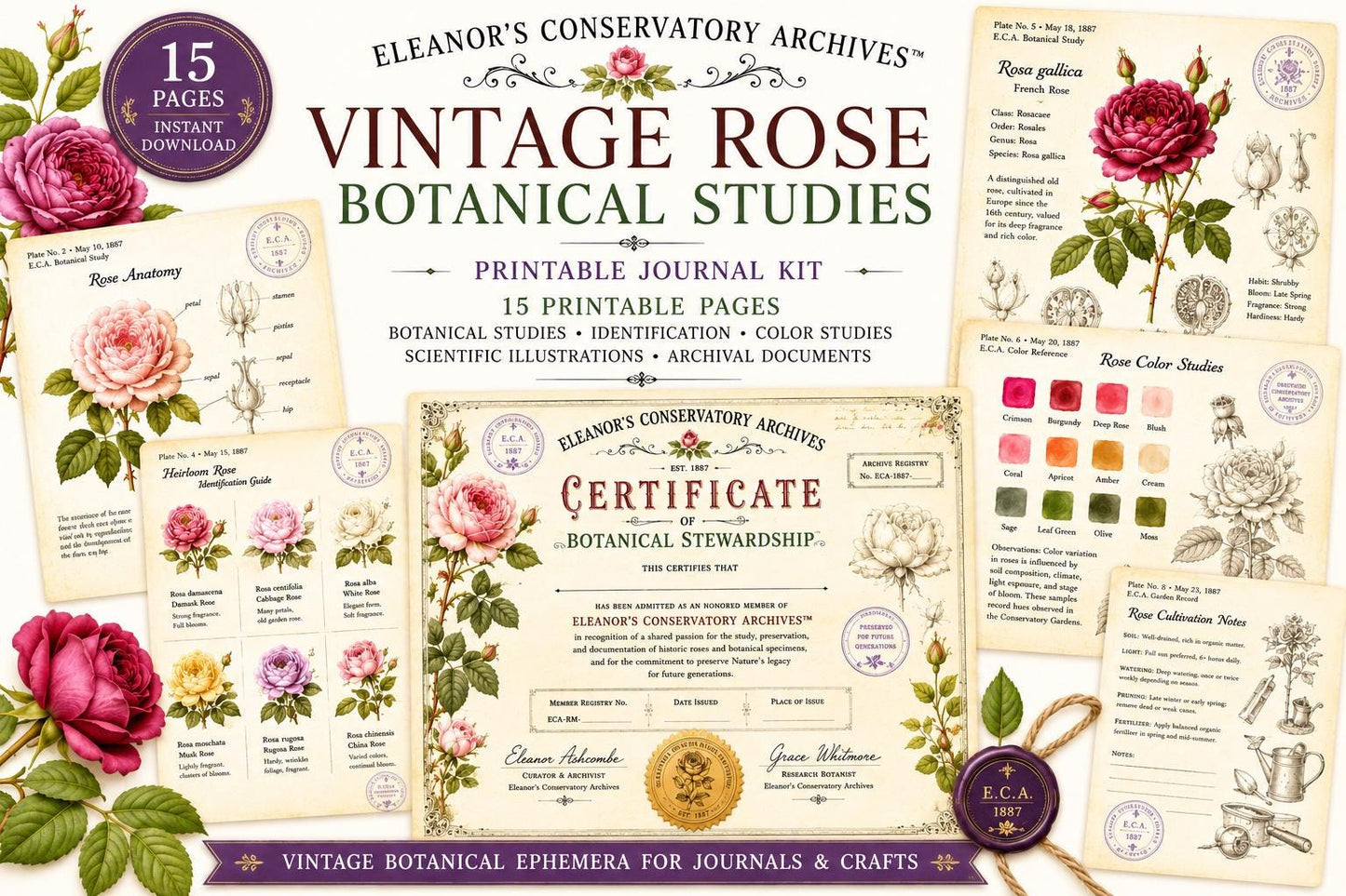 Eleanor's Conservatory Archives™ | Vintage Rose Botanical Studies | Printable Junk Journal Kit | Botanical Field Notes | Digital PDF