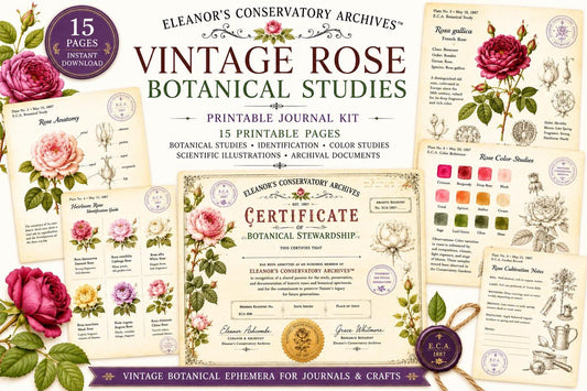 Eleanor's Conservatory Archives™ | Vintage Rose Botanical Studies | Printable Junk Journal Kit | Botanical Field Notes | Digital PDF