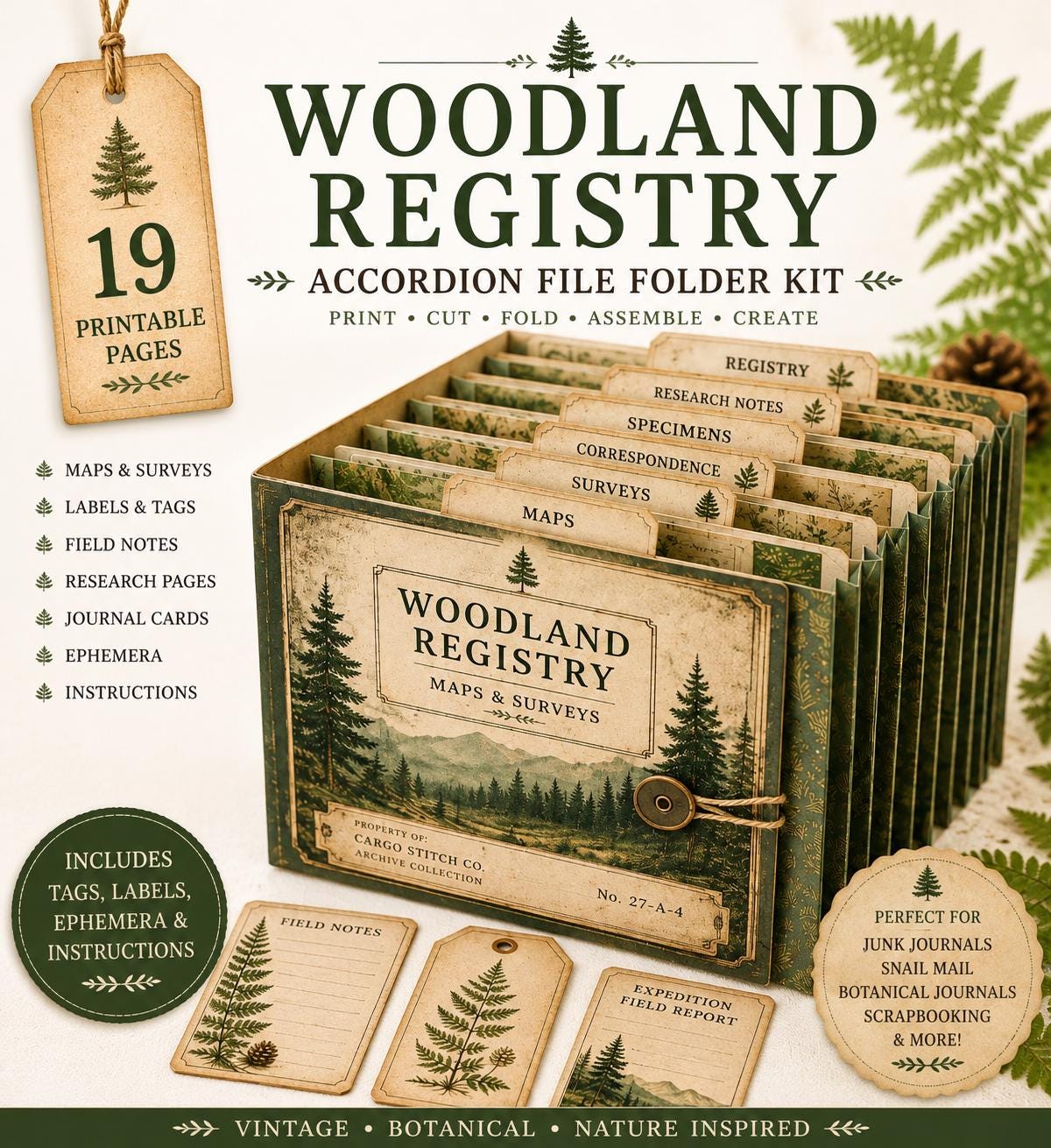 Accordion File Folder Kit Woodland Registry | Woodland Maps & Surveys | Printable Accordion Folder, Junk Journal Printable, Archive Ephemer