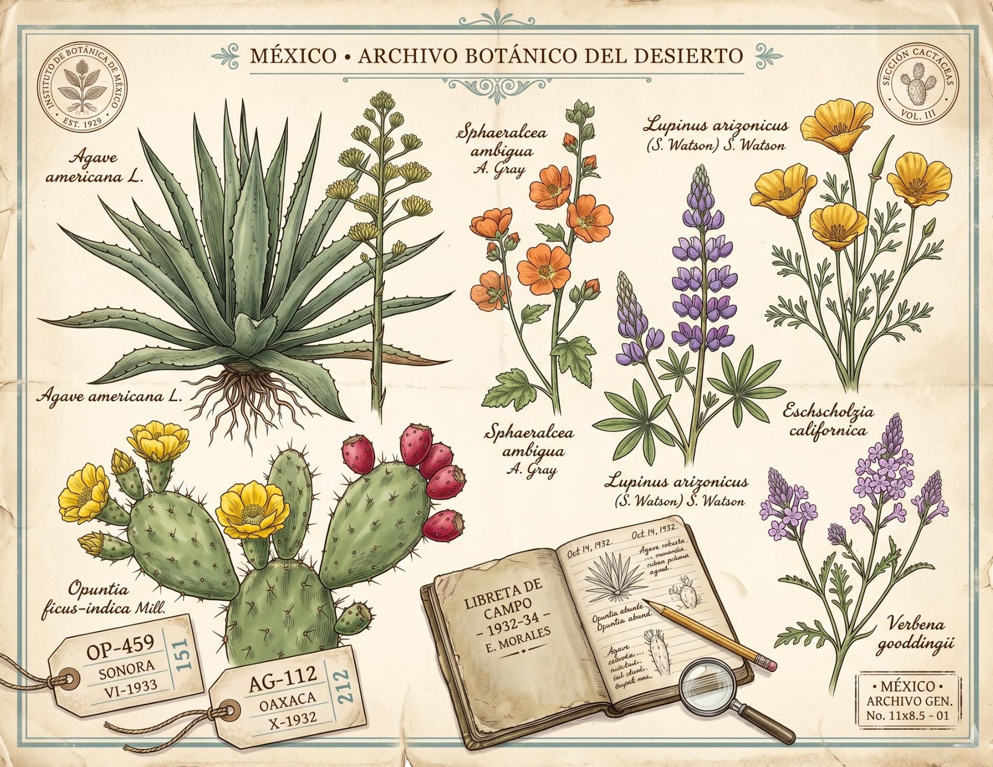 Mexico Botanical Discovery Archive | Vintage Botanical Journal Pages | Botanical Research Printable | Cactus, Wildflower & Herbarium