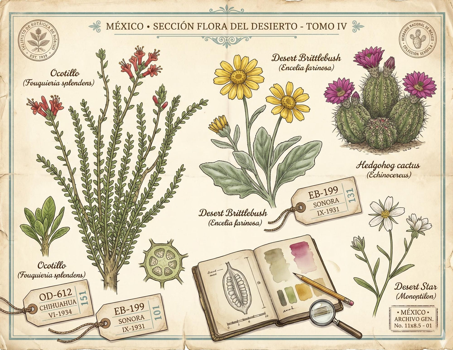 Mexico Botanical Discovery Archive | Vintage Botanical Journal Pages | Botanical Research Printable | Cactus, Wildflower & Herbarium