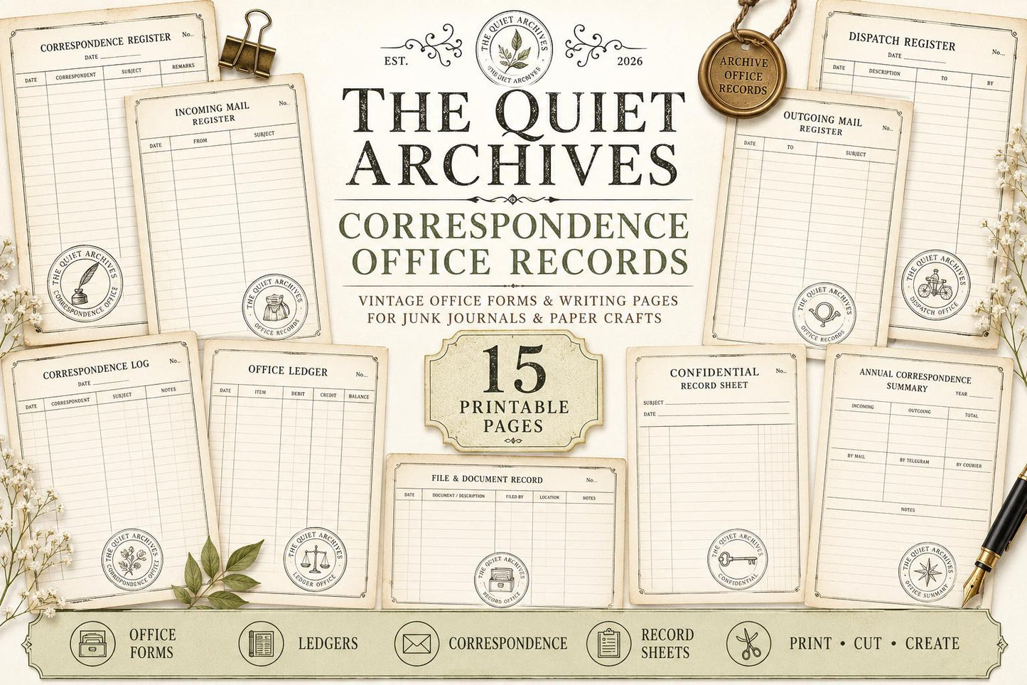 The Quiet Archives Correspondence Office Records | Printable Vintage Ledger & Office Forms | Junk Journal Writing Pages