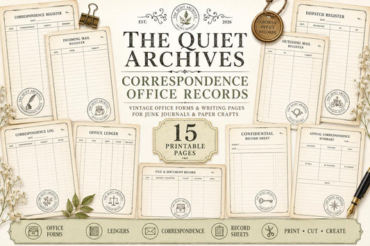 The Quiet Archives Correspondence Office Records | Printable Vintage Ledger & Office Forms | Junk Journal Writing Pages