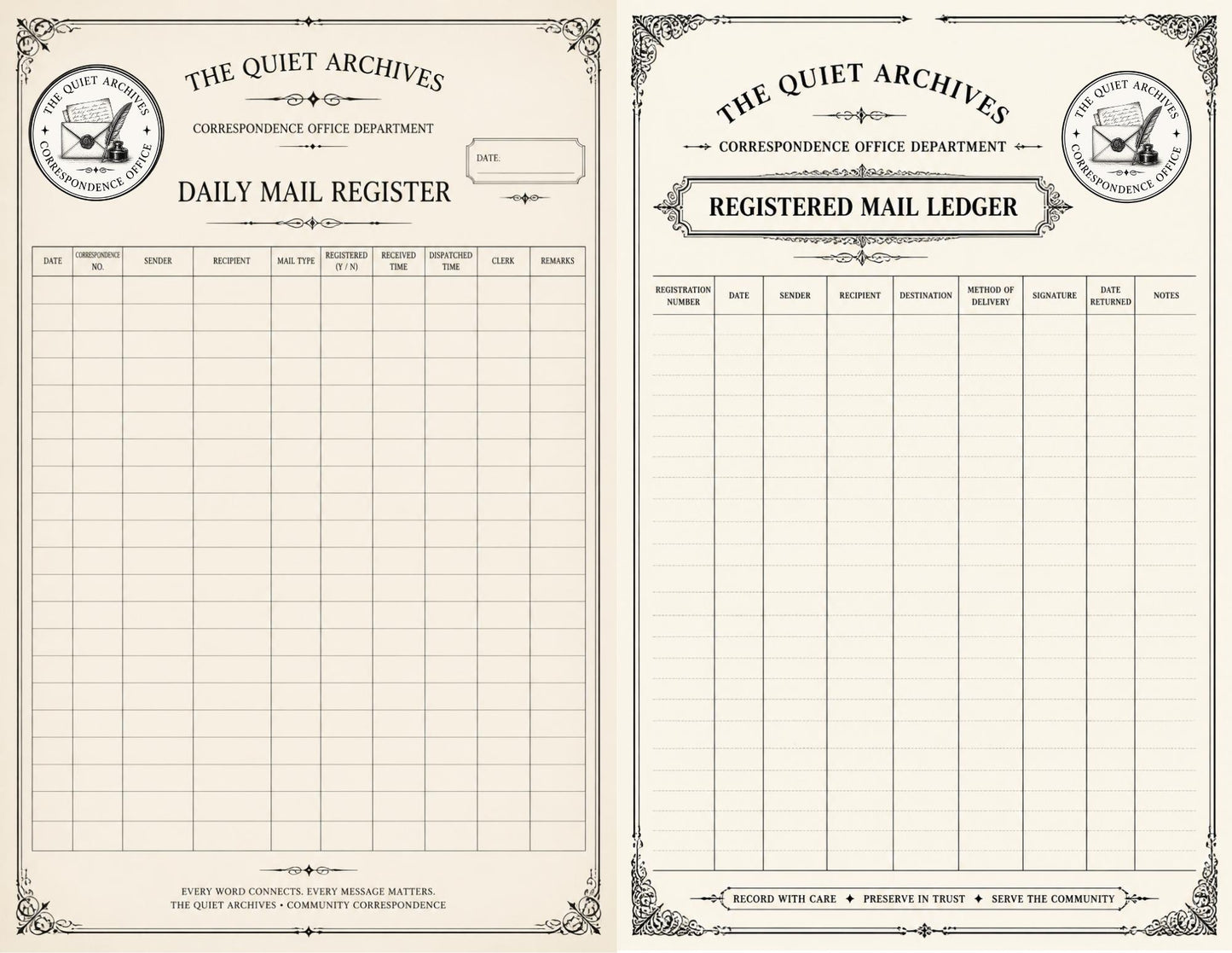 The Quiet Archives Correspondence Office Records | Printable Vintage Ledger & Office Forms | Junk Journal Writing Pages