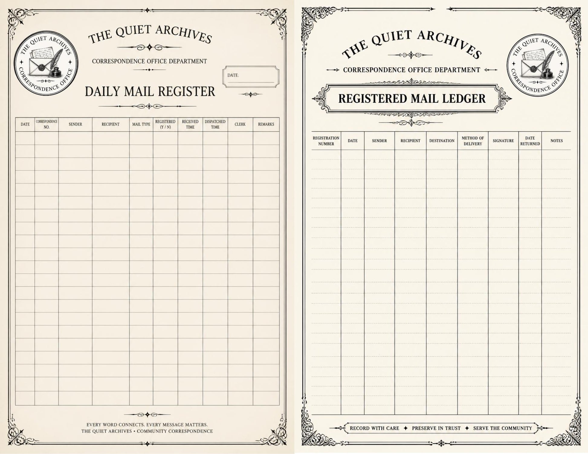 The Quiet Archives Correspondence Office Records | Printable Vintage Ledger & Office Forms | Junk Journal Writing Pages