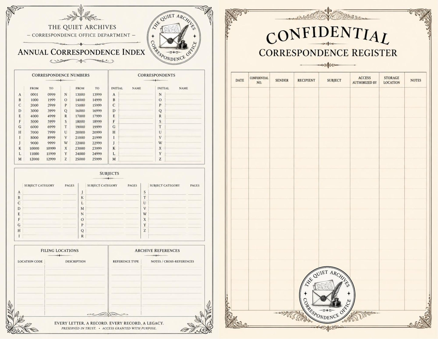 The Quiet Archives Correspondence Office Records | Printable Vintage Ledger & Office Forms | Junk Journal Writing Pages