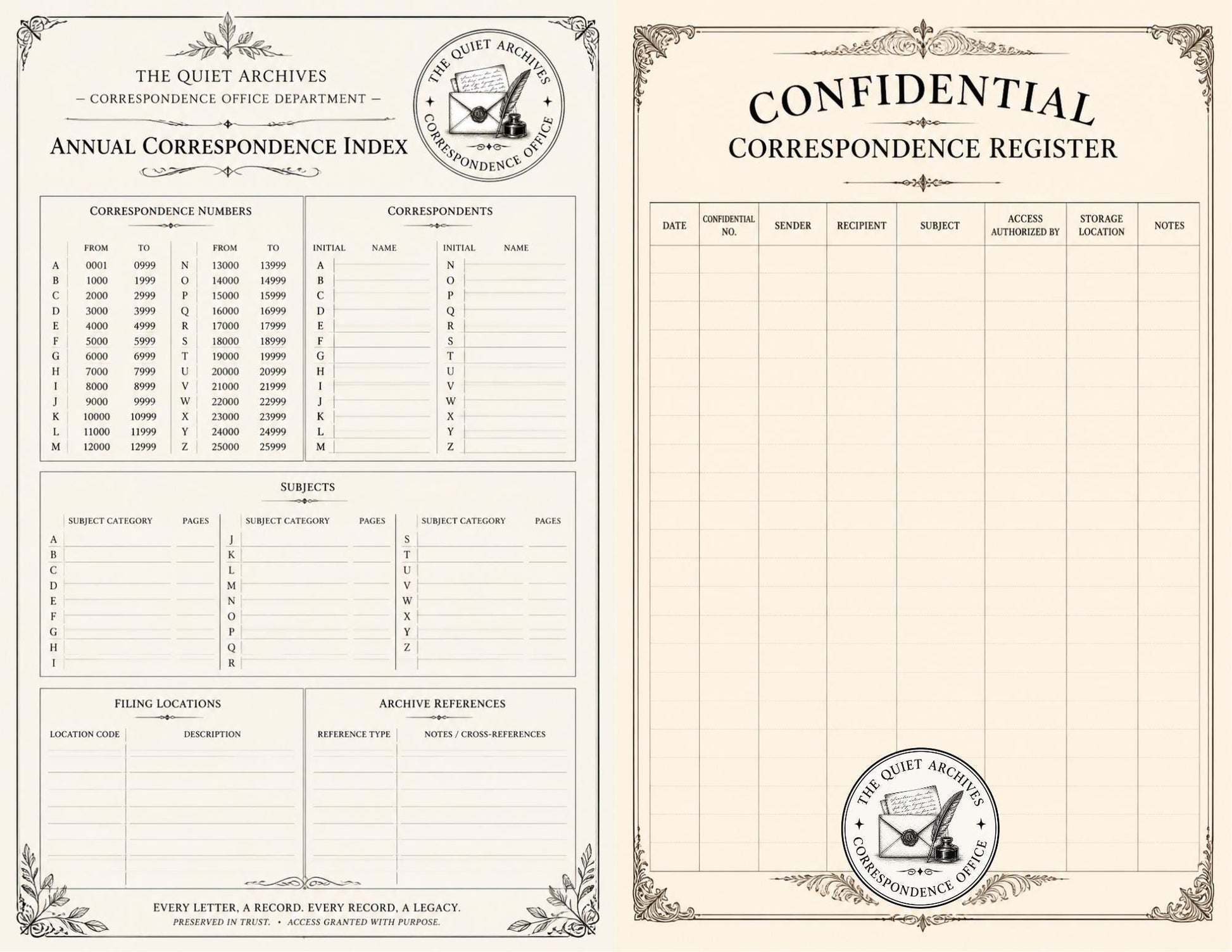 The Quiet Archives Correspondence Office Records | Printable Vintage Ledger & Office Forms | Junk Journal Writing Pages