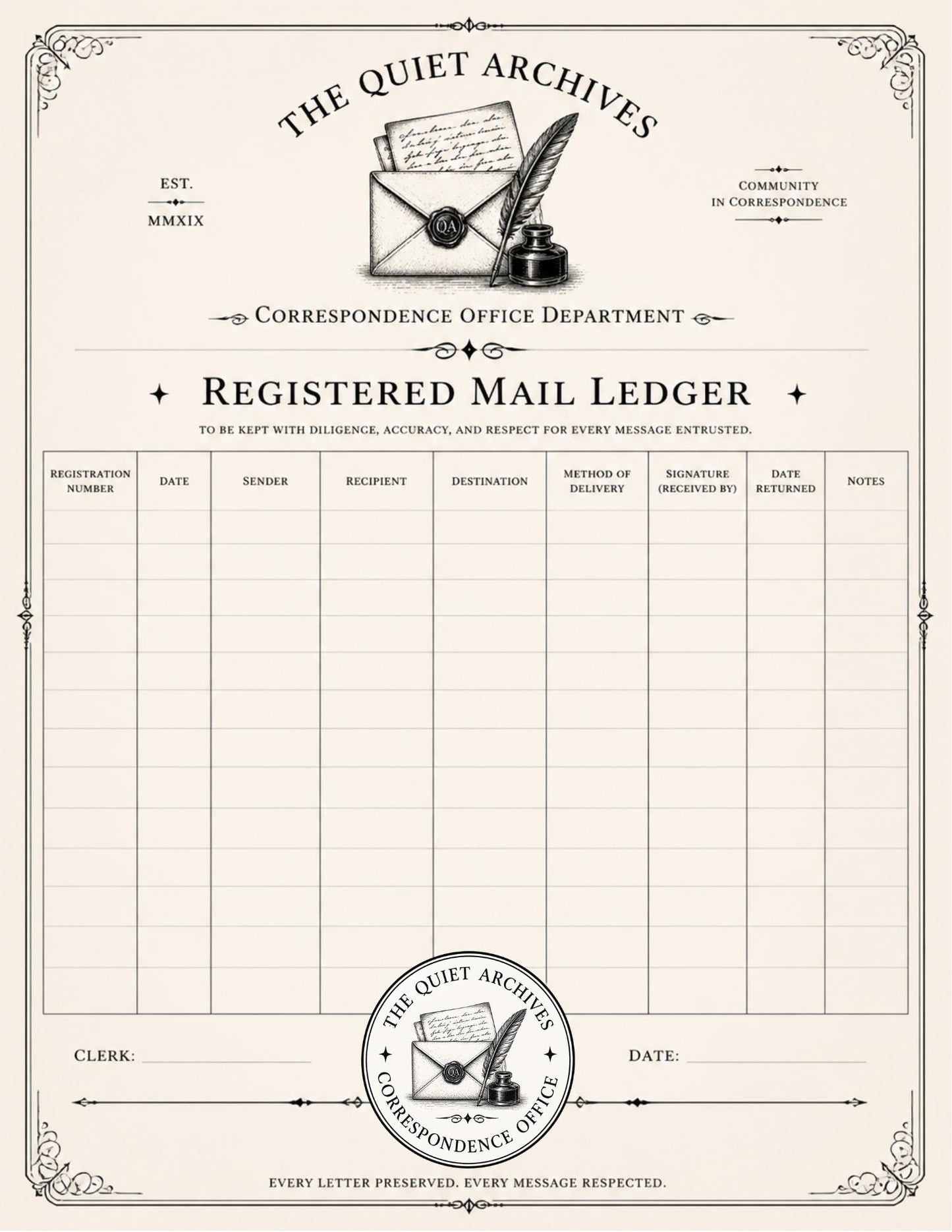 The Quiet Archives Correspondence Office Records | Printable Vintage Ledger & Office Forms | Junk Journal Writing Pages