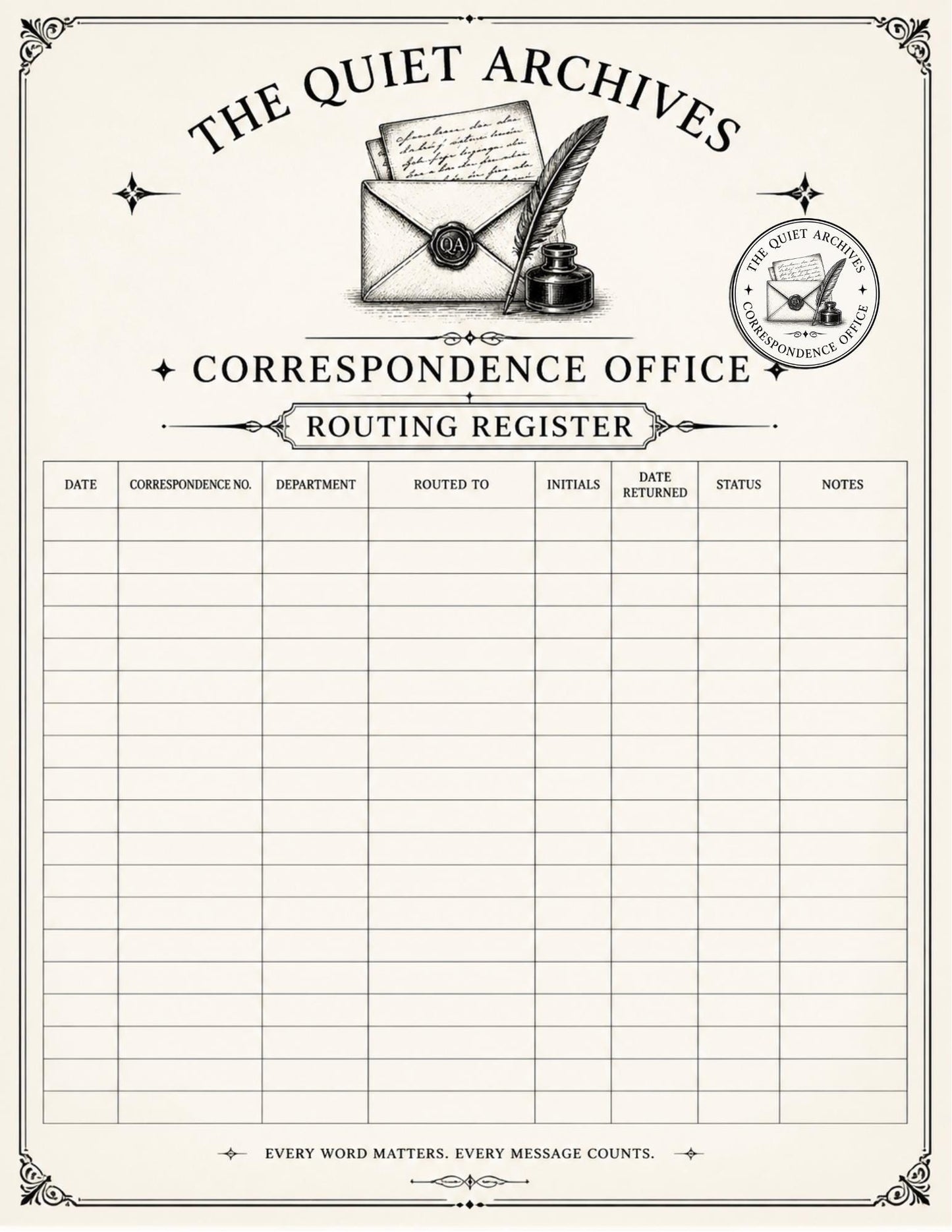The Quiet Archives Correspondence Office Records | Printable Vintage Ledger & Office Forms | Junk Journal Writing Pages