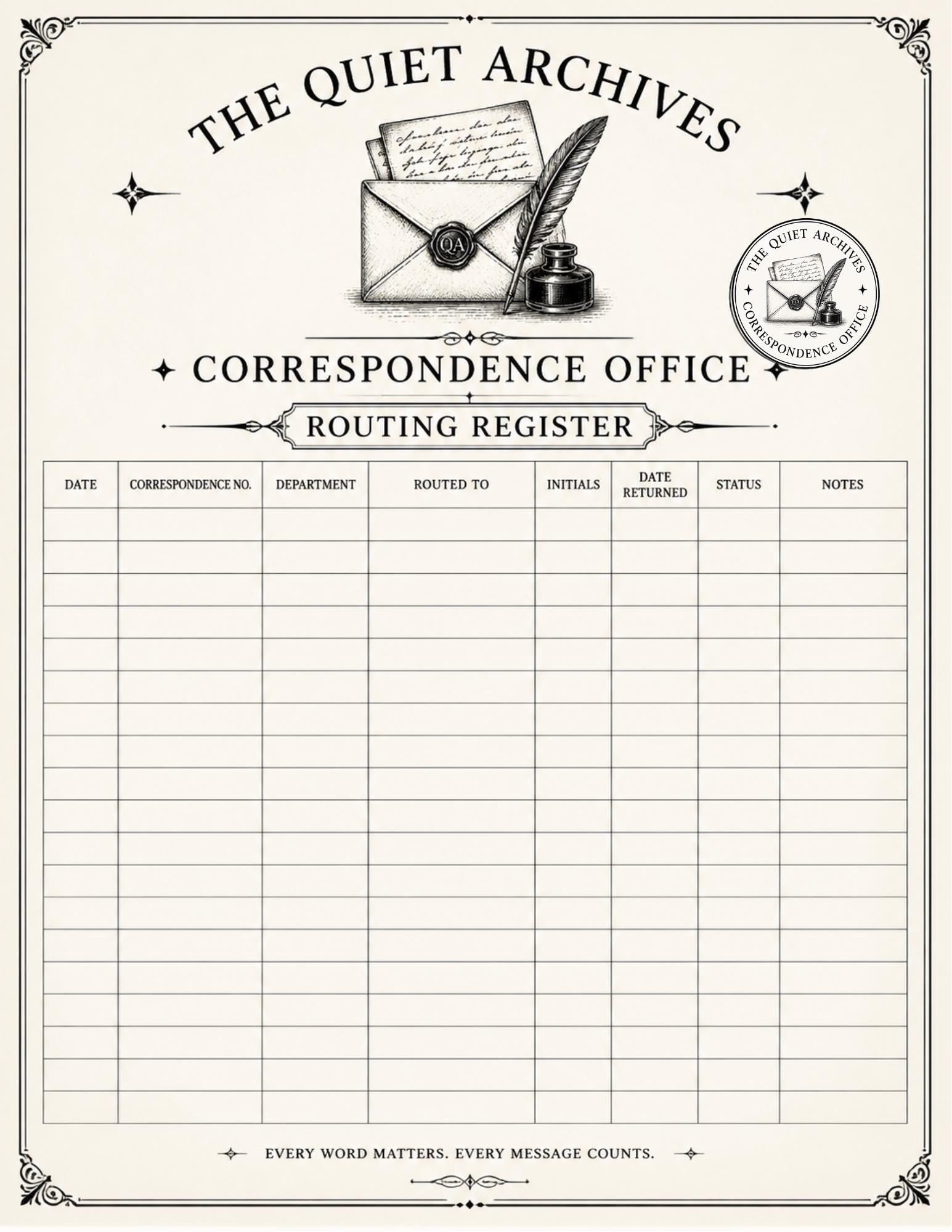 The Quiet Archives Correspondence Office Records | Printable Vintage Ledger & Office Forms | Junk Journal Writing Pages
