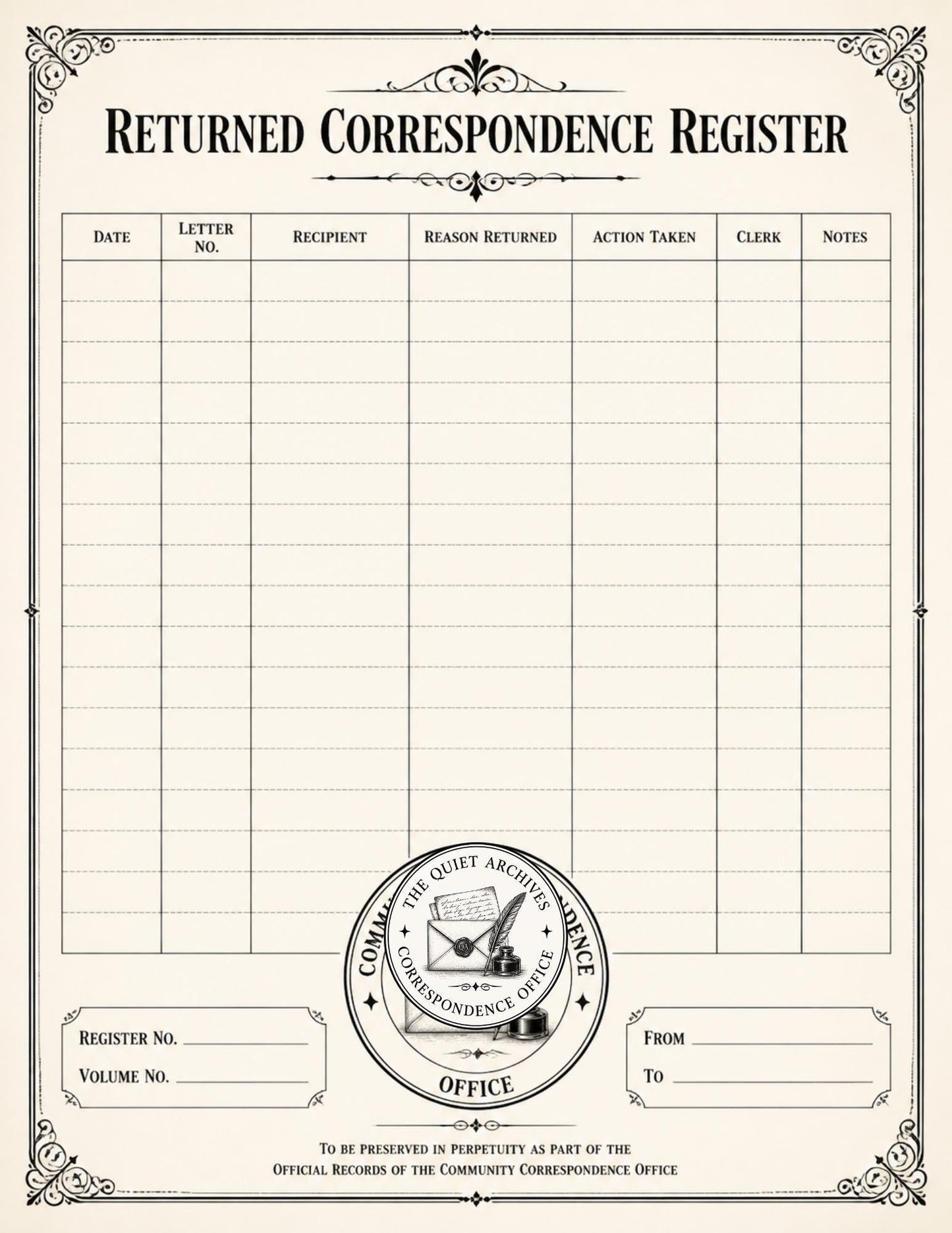 The Quiet Archives Correspondence Office Records | Printable Vintage Ledger & Office Forms | Junk Journal Writing Pages