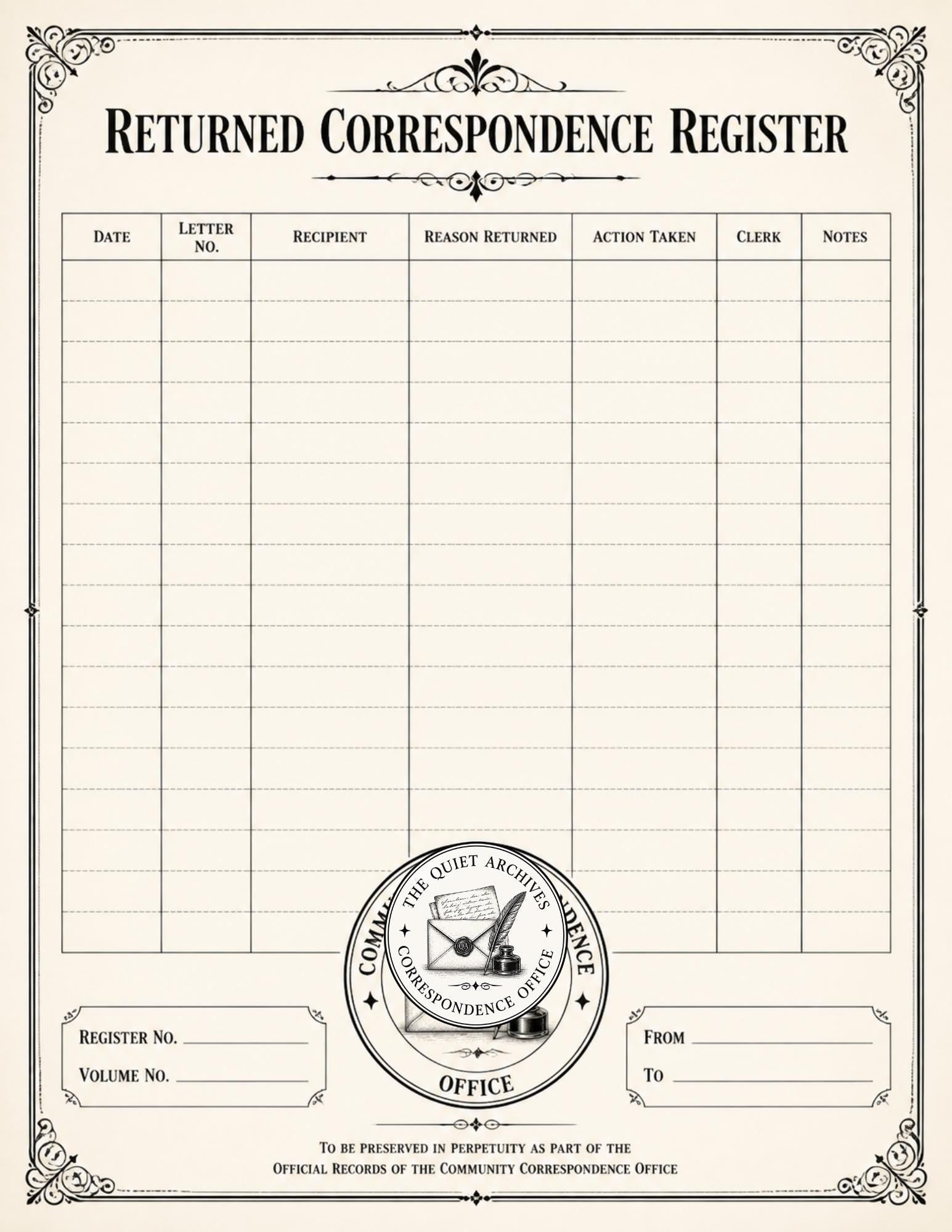 The Quiet Archives Correspondence Office Records | Printable Vintage Ledger & Office Forms | Junk Journal Writing Pages