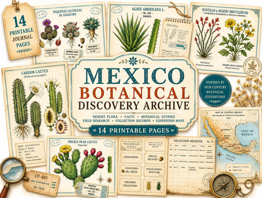 Mexico Botanical Discovery Archive | Vintage Botanical Journal Pages | Botanical Research Printable | Cactus, Wildflower & Herbarium
