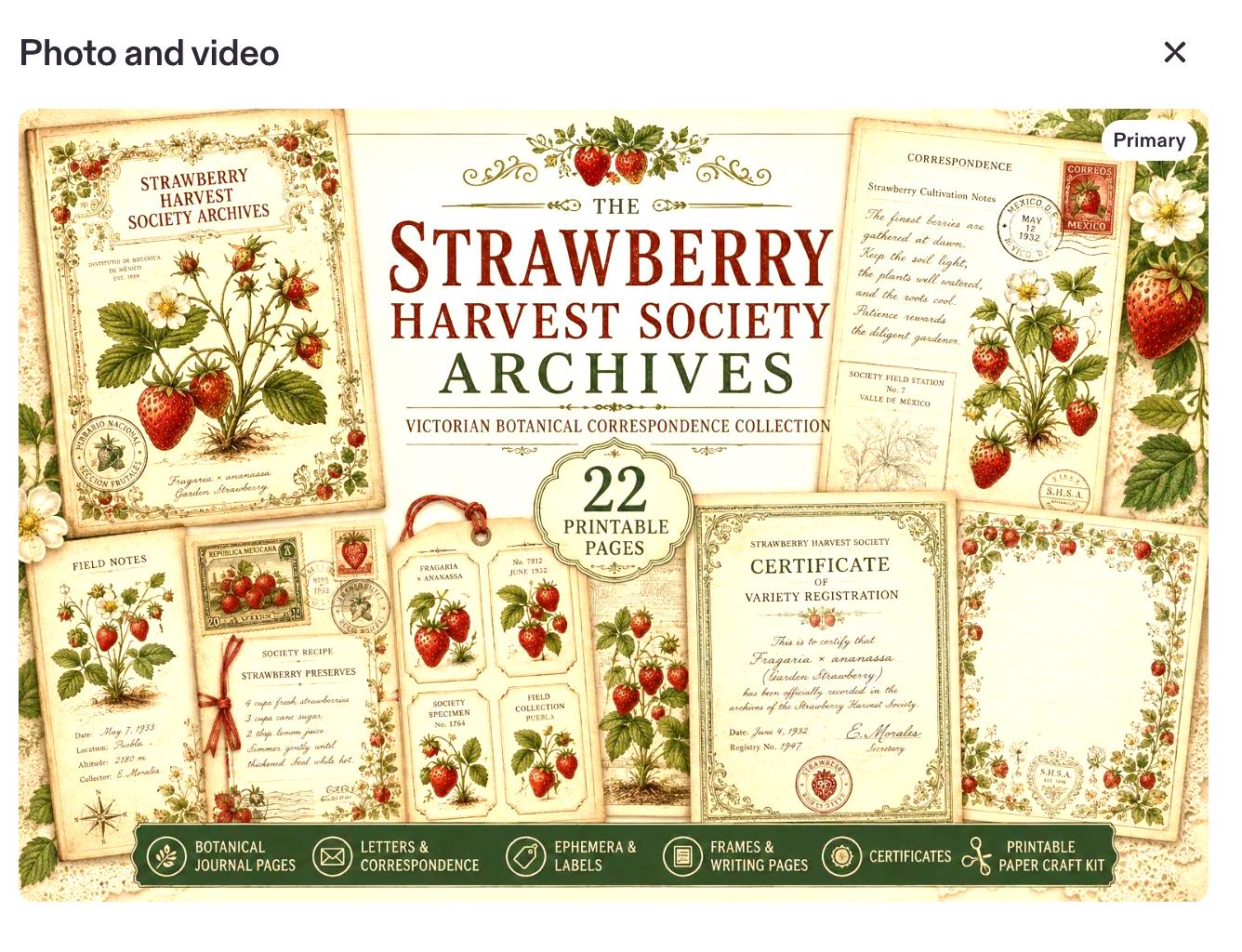 Vintage Strawberry Botanical Journal Pages | Printable Junk Journal Kit | Victorian Strawberry Ephemera | Botanical Stationery | Digital PDF