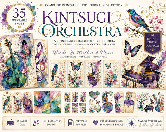 Kintsugi Orchestra Printable Junk Journal Kit, 35 Printable Pages, Writing Pages, Ephemera, Tags, Background Papers, PDF