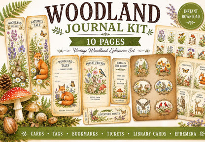 Woodland Wonders Printable Kit | Vintage Forest Journal Ephemera | Bookmarks Cards Tickets Tags