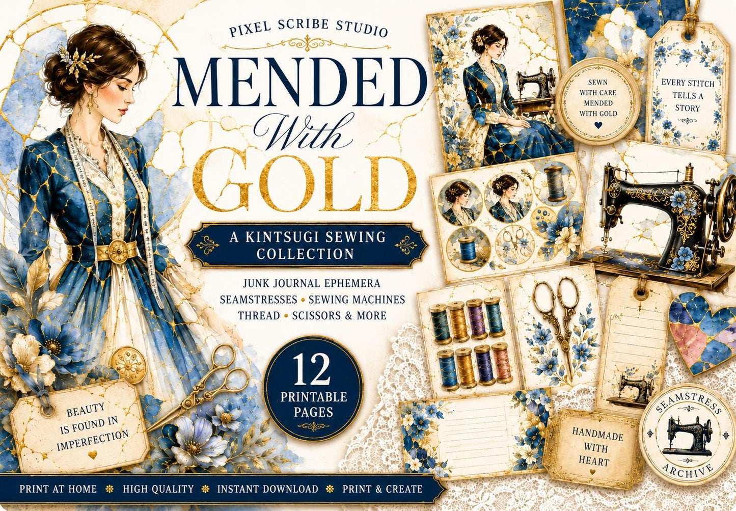 Mended With Gold Sewing Collection | Kintsugi Junk Journal Kit | Seamstress Ephemera | Vintage Sewing Journal Pages | Printable Kit