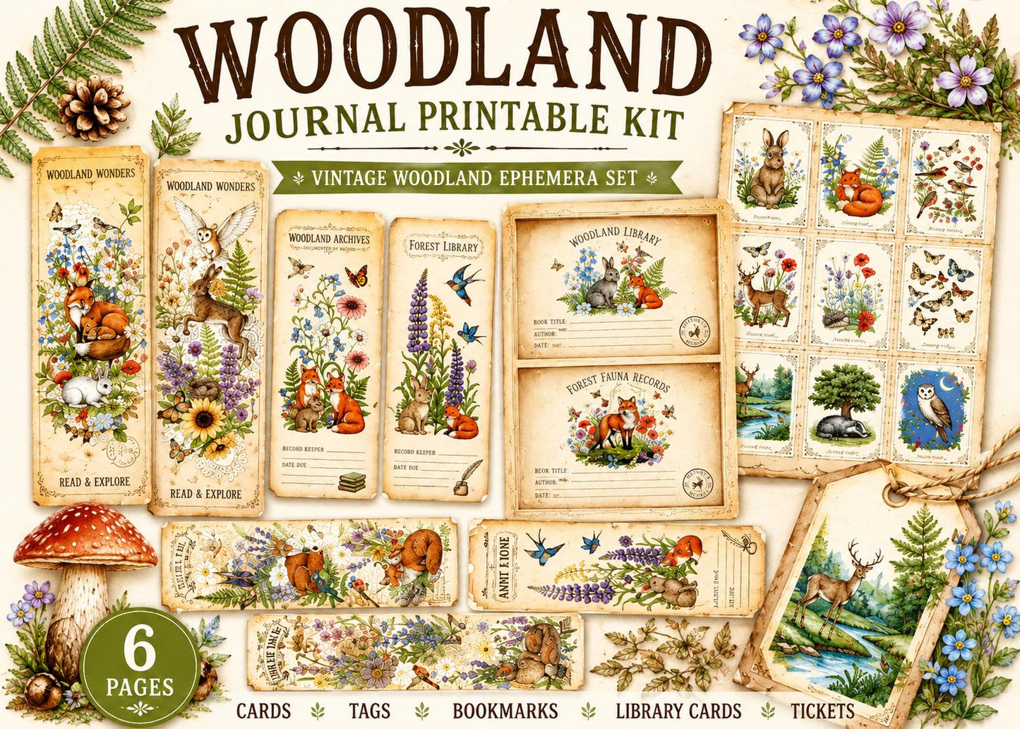Woodland Journal Printable Kit | Vintage Forest Ephemera Set | Junk Journal Cards Tags Bookmarks Library Cards