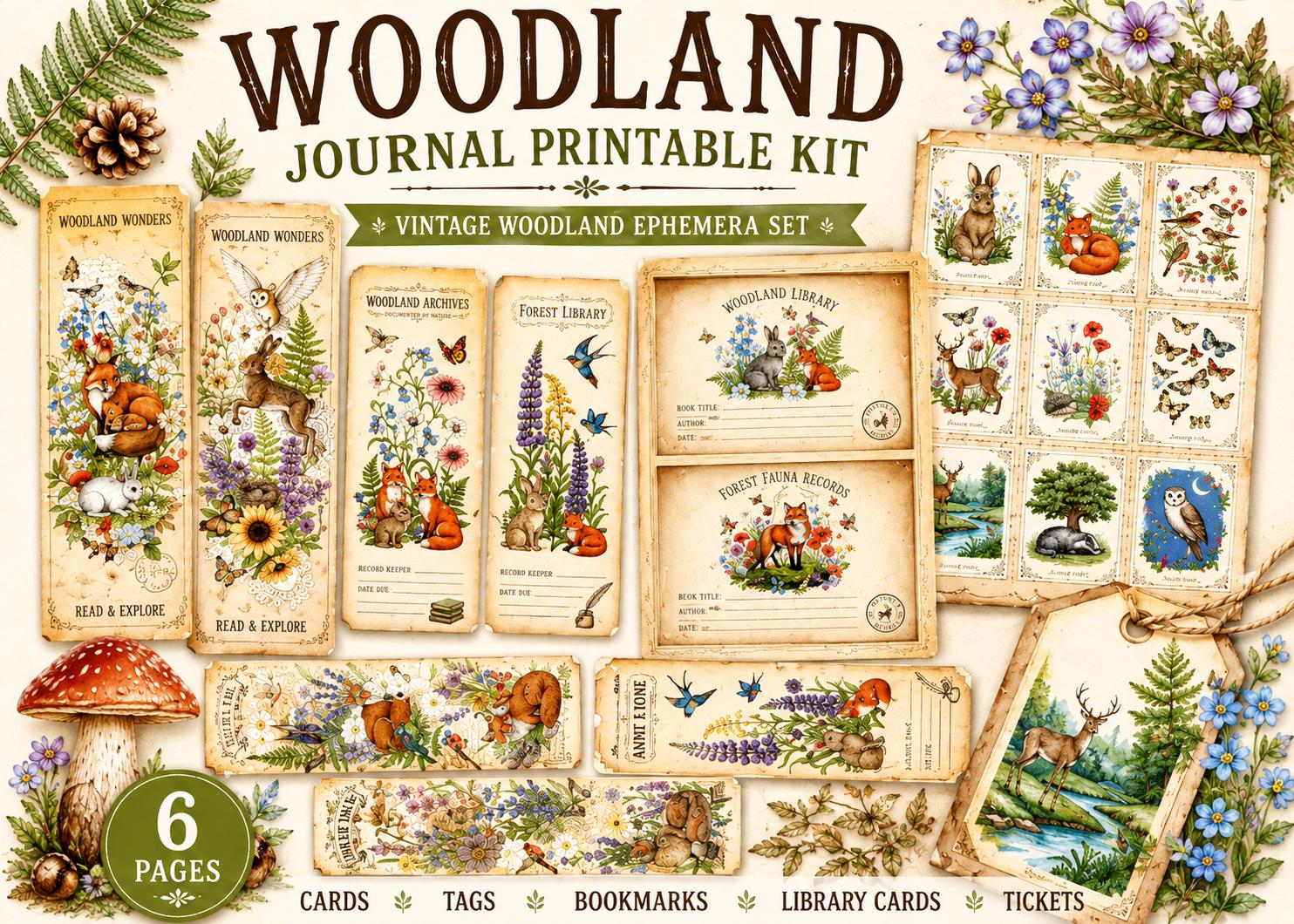 Woodland Journal Printable Kit | Vintage Forest Ephemera Set | Junk Journal Cards Tags Bookmarks Library Cards