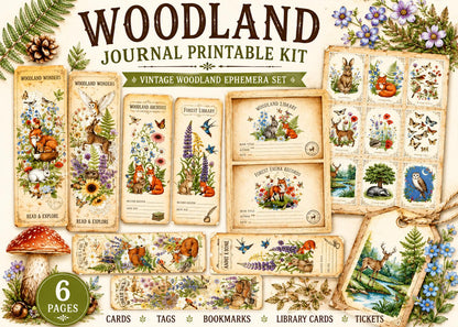Woodland Journal Printable Kit | Vintage Forest Ephemera Set | Junk Journal Cards Tags Bookmarks Library Cards