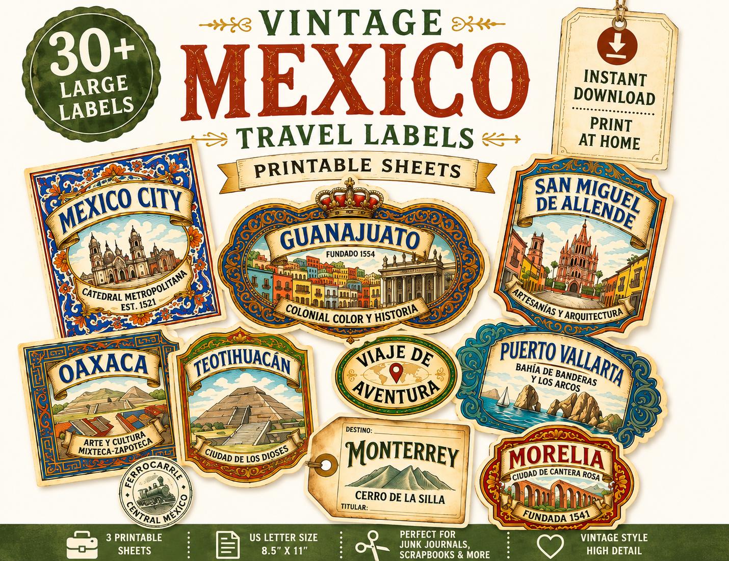 Vintage Mexico Travel Labels Printable, Junk Journal Ephemera, Mexico Labels Digital Download, Travel Journal Tags, Printable Collage Sheets