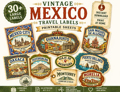 Vintage Mexico Travel Labels Printable, Junk Journal Ephemera, Mexico Labels Digital Download, Travel Journal Tags, Printable Collage Sheets