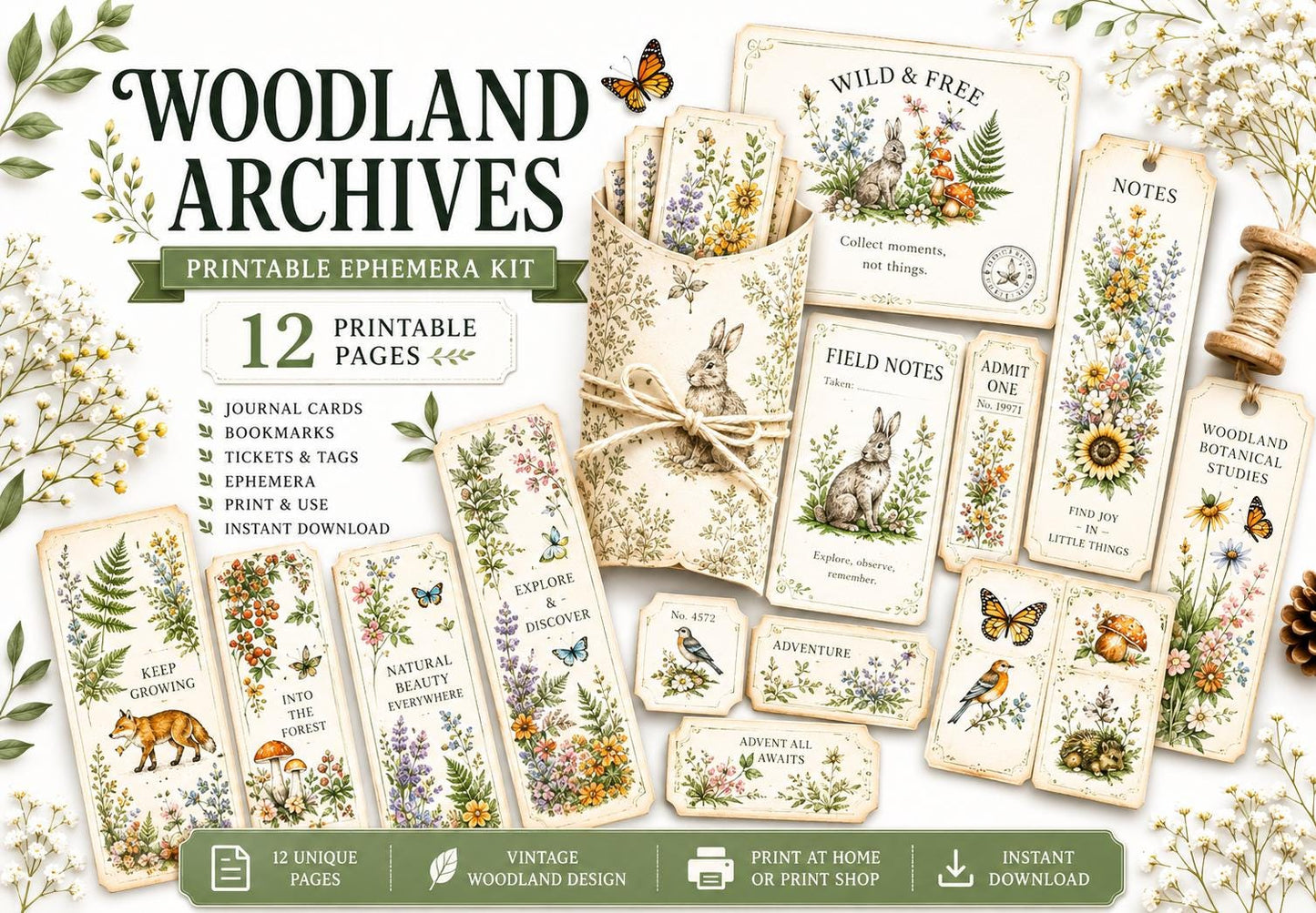 Woodland Archives Printable Ephemera Kit | Vintage Forest Junk Journal Bundle | Woodland Animals Tags Tickets Cards Bookmarks Pillow Box