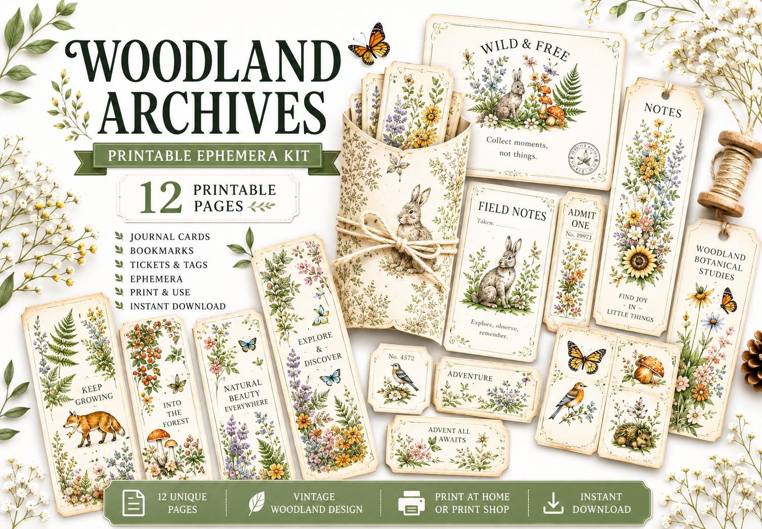 Woodland Archives Printable Ephemera Kit | Vintage Forest Junk Journal Bundle | Woodland Animals Tags Tickets Cards Bookmarks Pillow Box