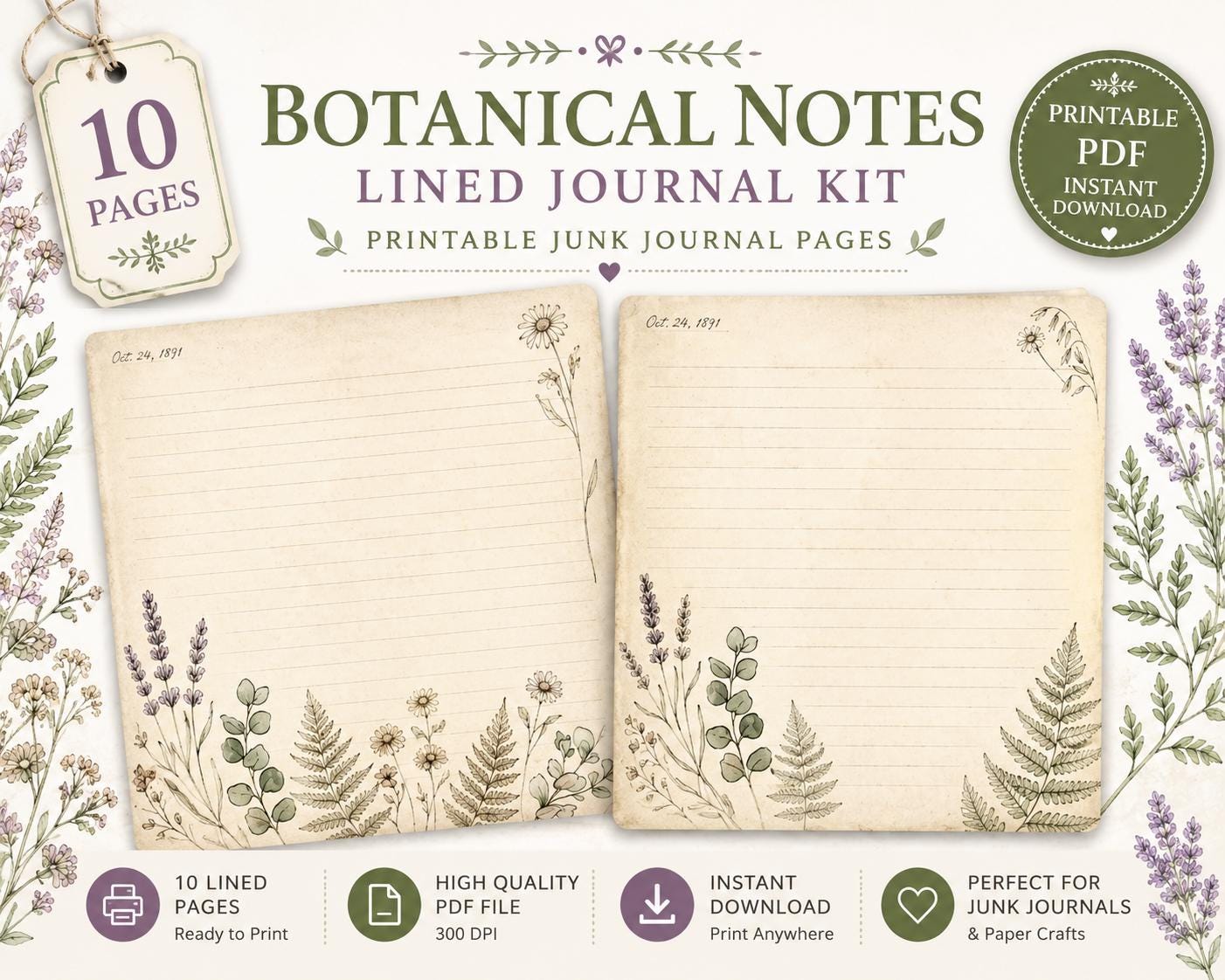 Botanical Lined Notes Journal Kit | Vintage Floral Printable Pages | Junk Journal Writing Paper | Instant Download | 8.5x11 PDF