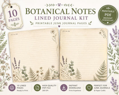 Botanical Lined Notes Journal Kit | Vintage Floral Printable Pages | Junk Journal Writing Paper | Instant Download | 8.5x11 PDF