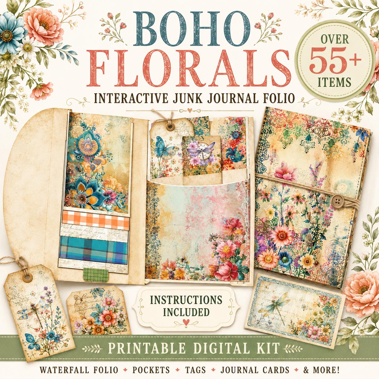 Floral Boho Waterfall Folio | Boho Memories: Capture Your Journey in a Whimsical Junk Journal | Digital Download | Print At Home