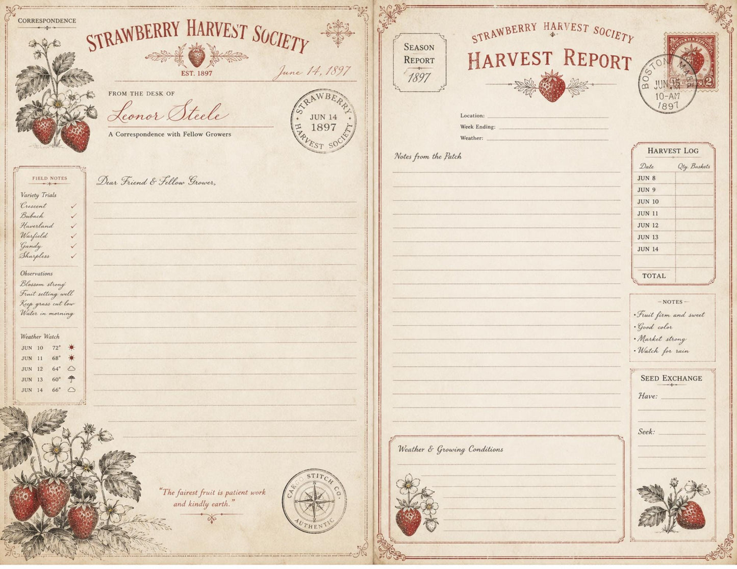 Strawberry Harvest Society Journal & Record Pages | 18 Printable Pages | Vintage Botanical Strawberry Junk Journal Kit