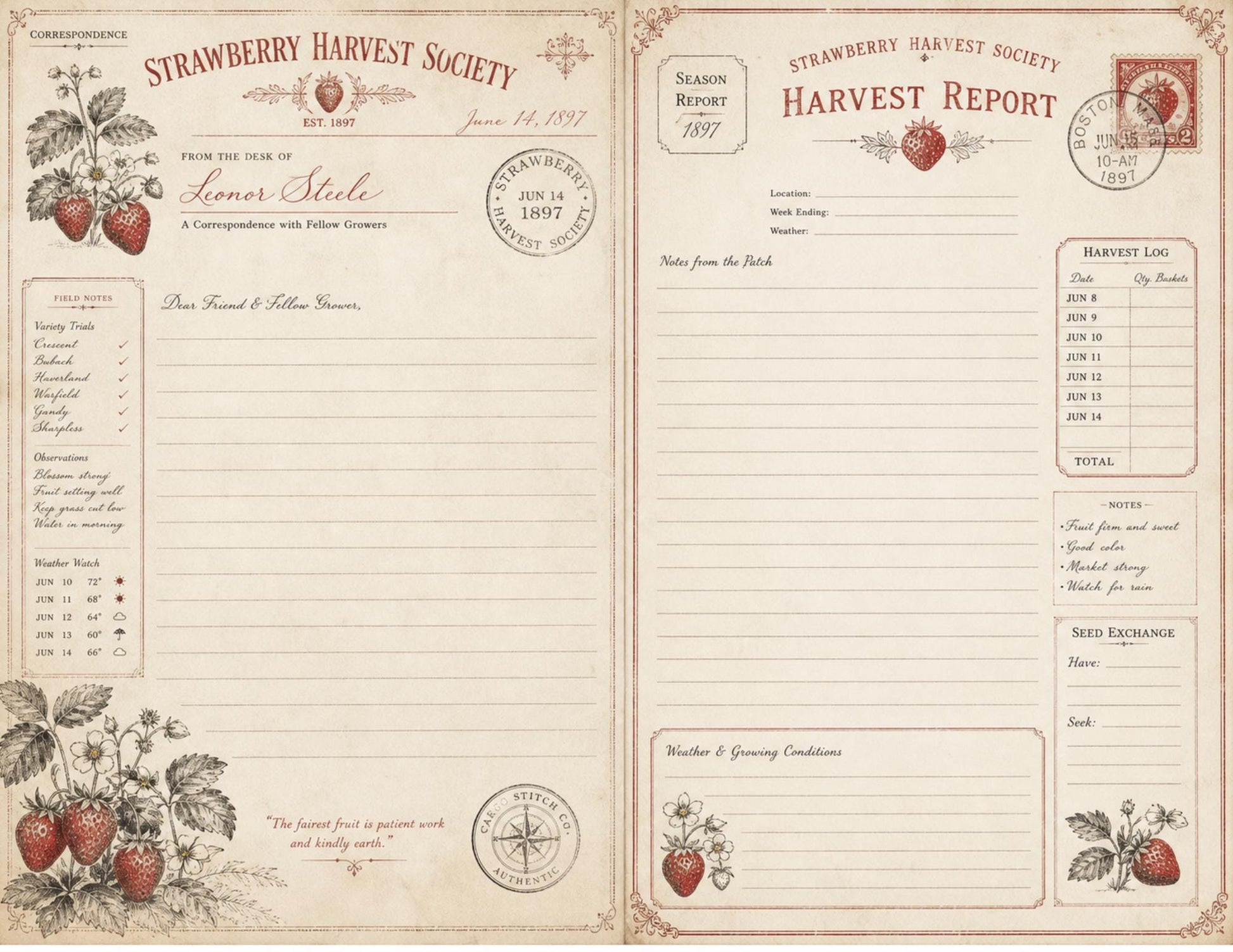Strawberry Harvest Society Journal & Record Pages | 18 Printable Pages | Vintage Botanical Strawberry Junk Journal Kit