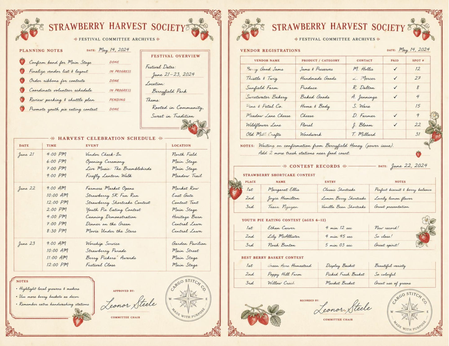 Strawberry Harvest Society Journal & Record Pages | 18 Printable Pages | Vintage Botanical Strawberry Junk Journal Kit