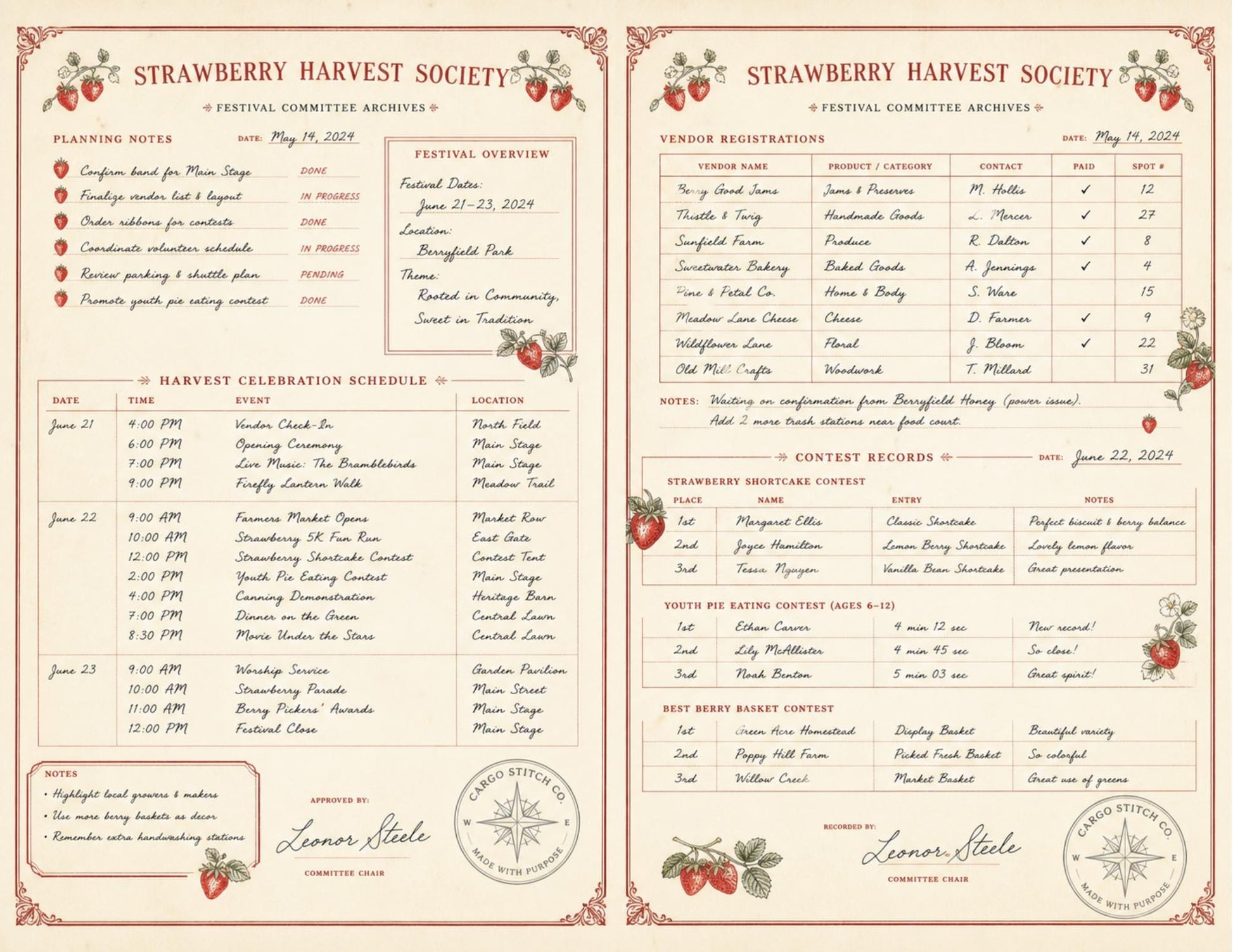 Strawberry Harvest Society Journal & Record Pages | 18 Printable Pages | Vintage Botanical Strawberry Junk Journal Kit
