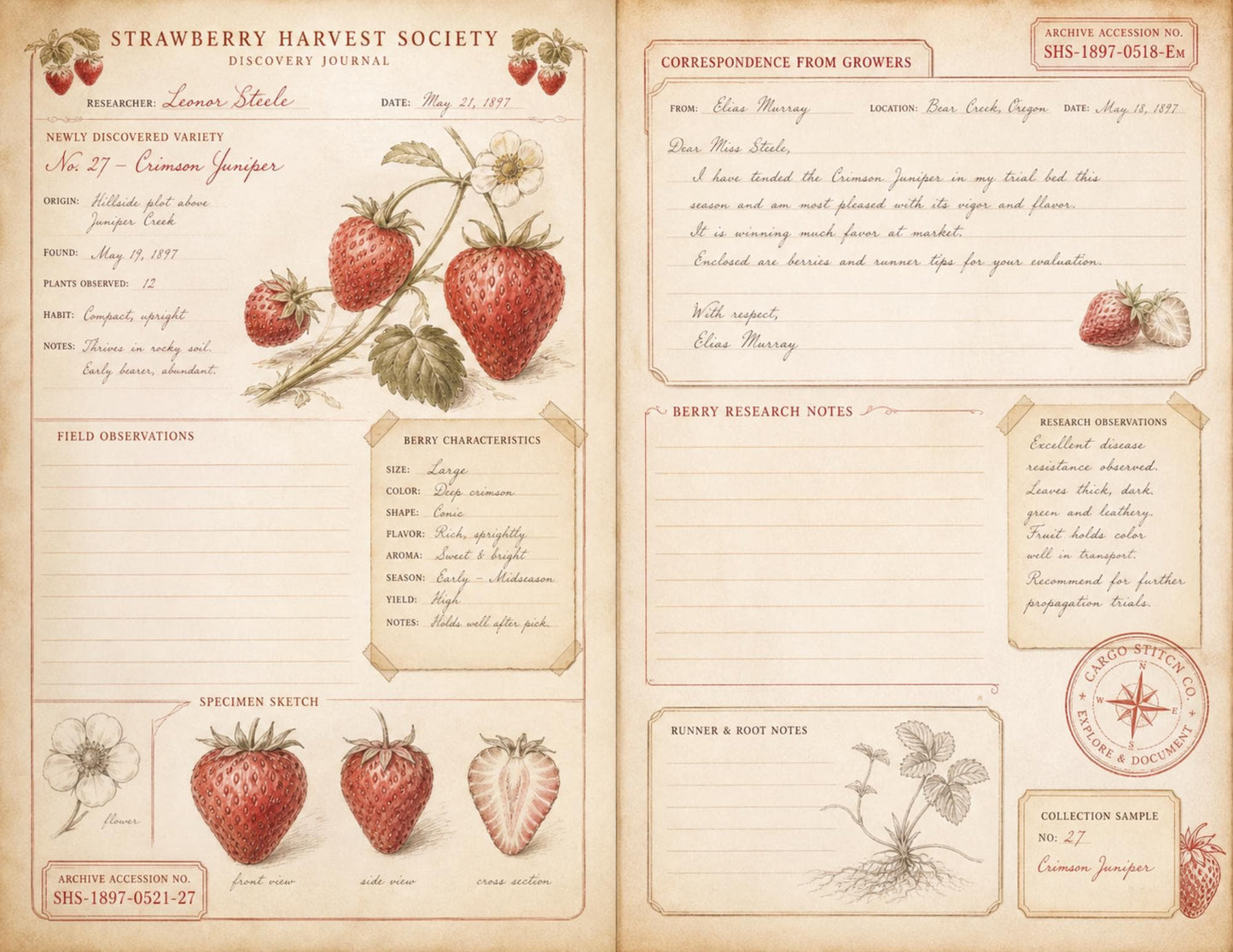 Strawberry Harvest Society Journal & Record Pages | 18 Printable Pages | Vintage Botanical Strawberry Junk Journal Kit