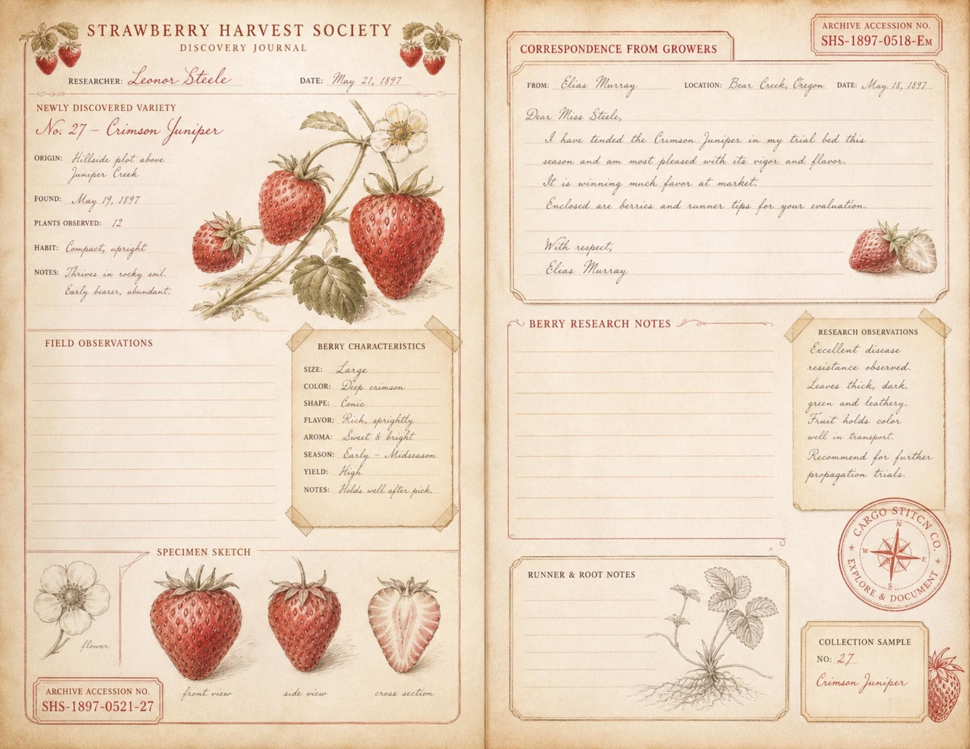 Strawberry Harvest Society Journal & Record Pages | 18 Printable Pages | Vintage Botanical Strawberry Junk Journal Kit