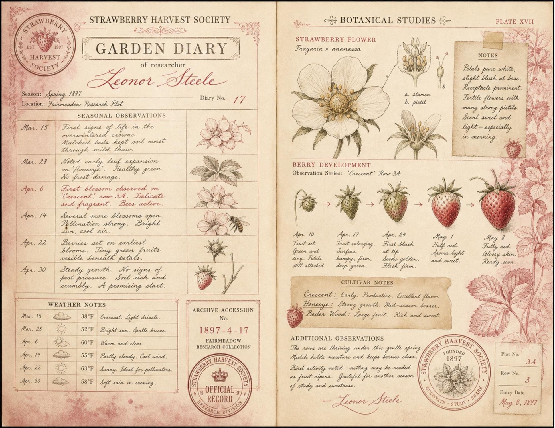 Strawberry Harvest Society Journal & Record Pages | 18 Printable Pages | Vintage Botanical Strawberry Junk Journal Kit